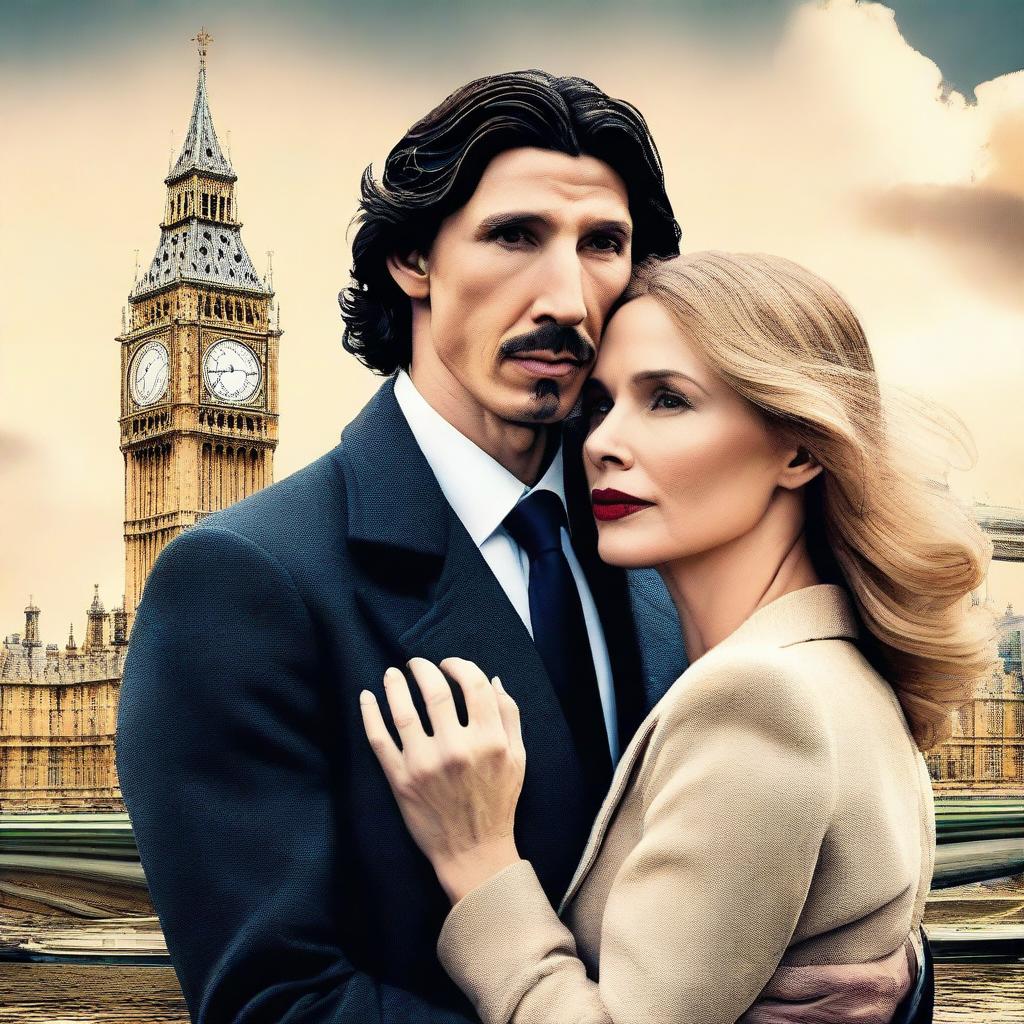 Create a romantic and creative book cover featuring Adam Driver and Jennifer Jason Leigh against a London background