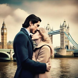 Create a romantic and creative book cover featuring Adam Driver and Jennifer Jason Leigh against a London background