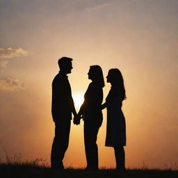 A loving couple standing together during a romantic sunset, their silhouettes gently illuminated by the warm beams of the setting sun.