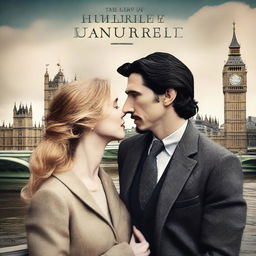 Create a romantic and creative book cover featuring Adam Driver and Jennifer Jason Leigh against a London background