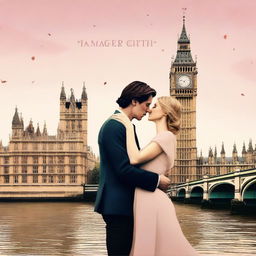 Create a creative book cover for a beautiful romantic love story featuring Adam Driver and Jennifer Jason Leigh kissing in London