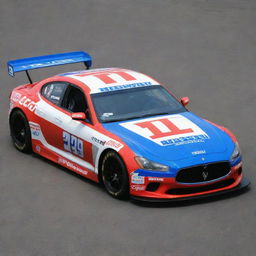 A Maserati car fashioned in the NASCAR style, highlighted by brilliant colors, racing enhancements, and adorned with a medley of sponsor logos.