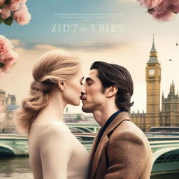 Create a creative book cover for a beautiful romantic love story featuring Adam Driver and Jennifer Jason Leigh kissing in London