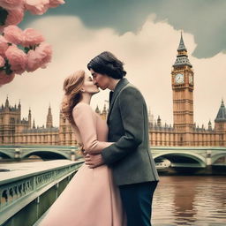 Create a creative book cover for a beautiful romantic love story featuring Adam Driver and Jennifer Jason Leigh kissing in London