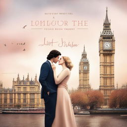 Create a creative book cover for a beautiful romantic love story featuring Adam Driver and Jennifer Jason Leigh kissing in London