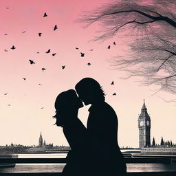 Create a creative book cover for a beautiful romantic love story featuring silhouettes of Adam Driver and Jennifer Jason Leigh kissing