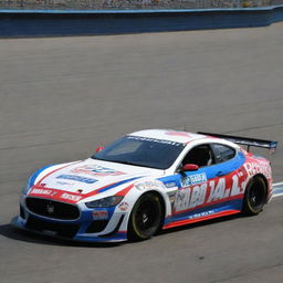 A Maserati car fashioned in the NASCAR style, highlighted by brilliant colors, racing enhancements, and adorned with a medley of sponsor logos.