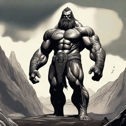 A detailed and imposing image of a Goliath, a mythical giant warrior, standing tall with muscular build and tribal tattoos