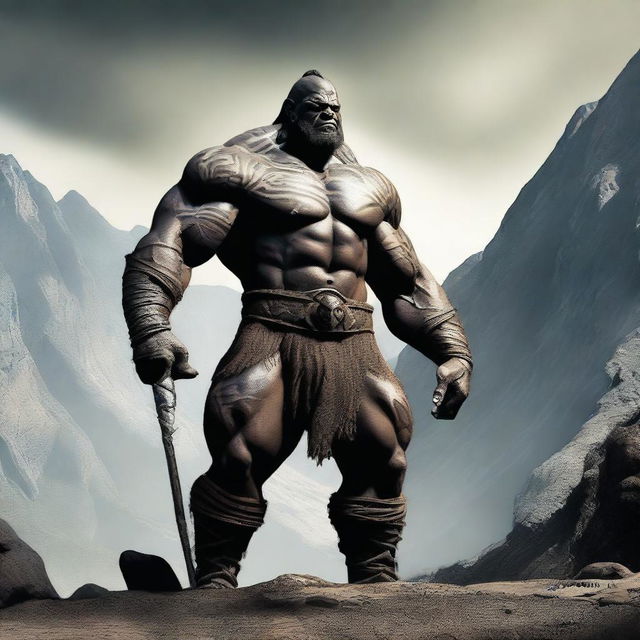 A detailed and imposing image of a Goliath, a mythical giant warrior, standing tall with muscular build and tribal tattoos