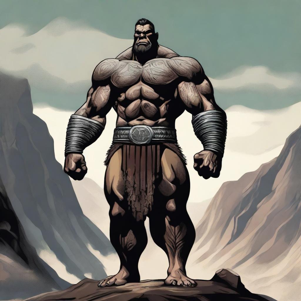 A detailed and imposing image of a slimmer Goliath, a mythical giant warrior, standing tall with a lean muscular build and tribal tattoos