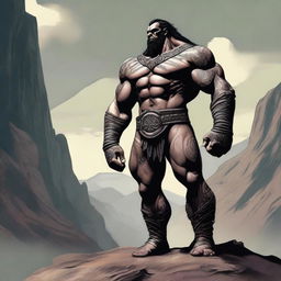 A detailed and imposing image of a slimmer Goliath, a mythical giant warrior, standing tall with a lean muscular build and tribal tattoos