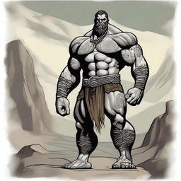 A detailed and imposing image of a slimmer Goliath, a mythical giant warrior, standing tall with a lean muscular build and tribal tattoos