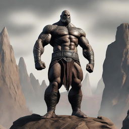 A detailed and imposing image of a slimmer Goliath, a mythical giant warrior, standing tall with a lean muscular build and tribal tattoos