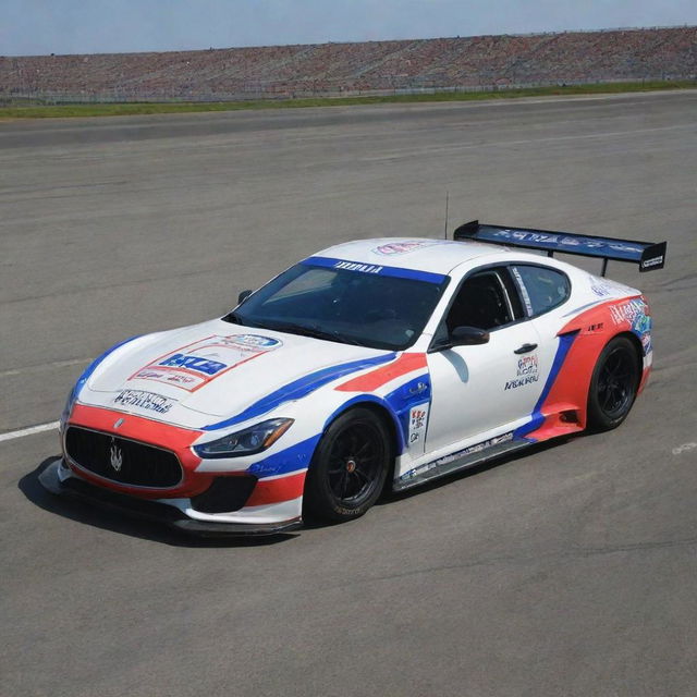 A Maserati car fashioned in the NASCAR style, highlighted by brilliant colors, racing enhancements, and adorned with a medley of sponsor logos.