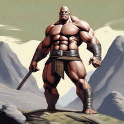 A detailed and imposing image of a slimmer Goliath, a mythical giant warrior, standing tall with a lean muscular build, bald head, and a clean-shaven face