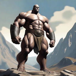 A detailed and imposing image of a slimmer Goliath, a mythical giant warrior, standing tall with a lean muscular build, bald head, and a clean-shaven face