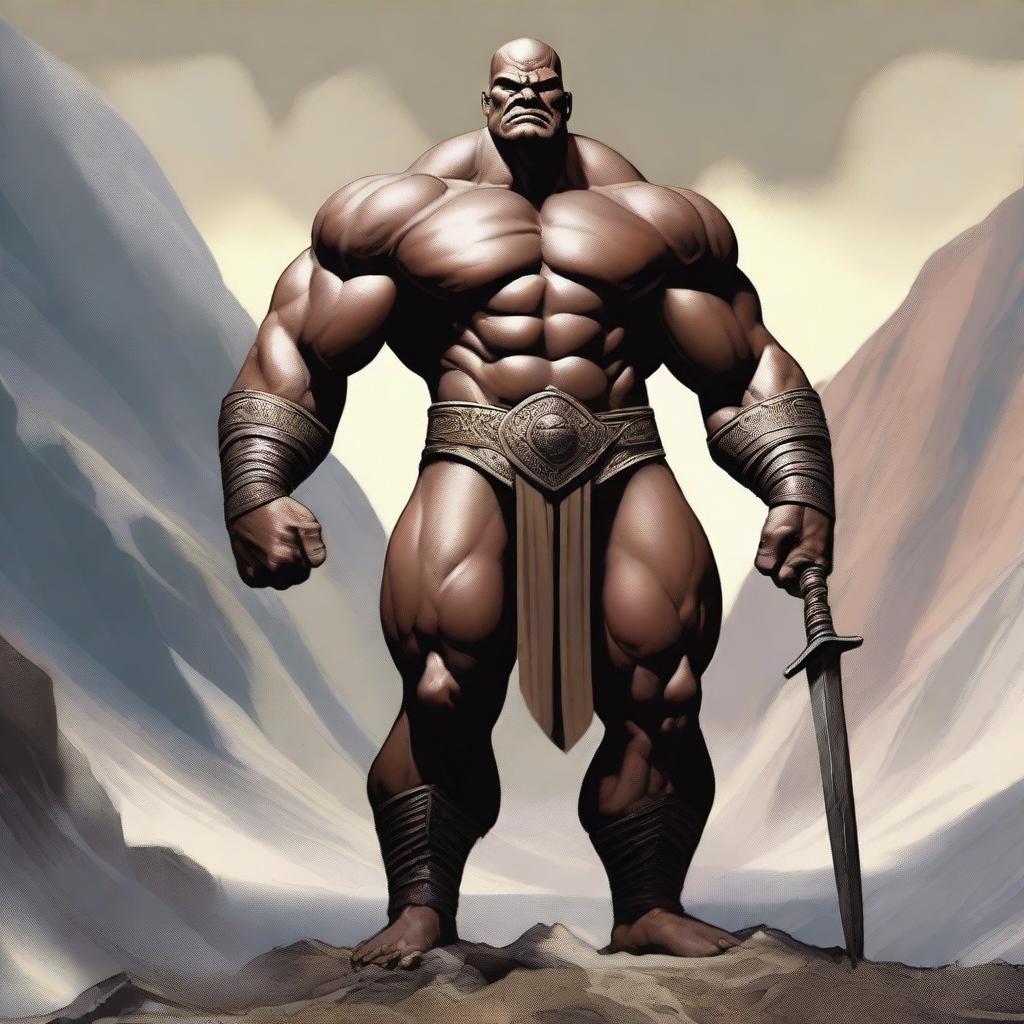 A detailed and imposing image of a slimmer Goliath, a mythical giant warrior, standing tall with a lean muscular build, bald head, and a clean-shaven face