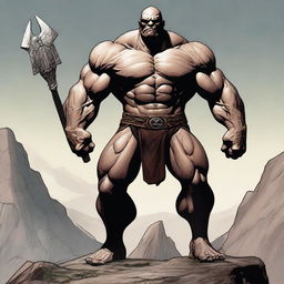 A detailed and imposing image of a slimmer Goliath, a mythical giant warrior, standing tall with a lean muscular build, bald head, and a clean-shaven face