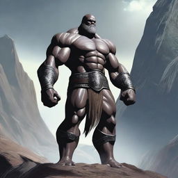 A detailed and imposing image of a slimmer Goliath, a mythical giant warrior, standing tall with a lean and less muscular build, bald head, and a clean-shaven face