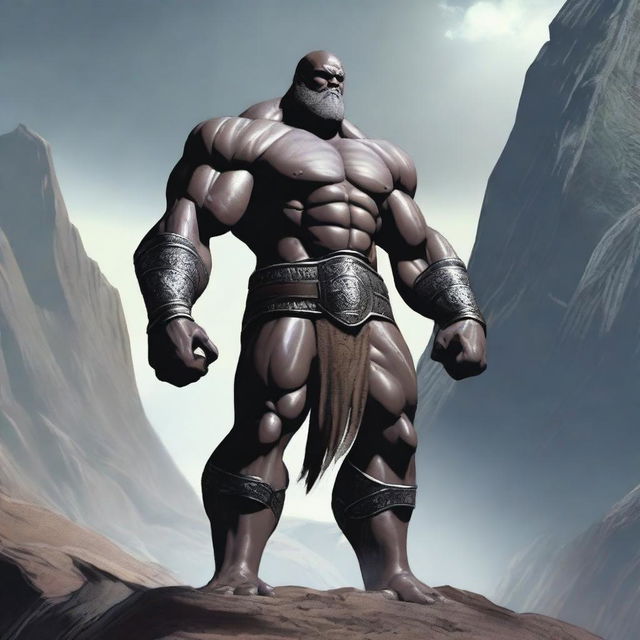 A detailed and imposing image of a slimmer Goliath, a mythical giant warrior, standing tall with a lean and less muscular build, bald head, and a clean-shaven face