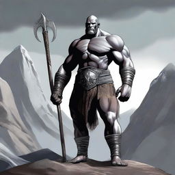 A detailed and imposing image of a slimmer Goliath, a mythical giant warrior, standing tall with a lean and less muscular build, bald head, and a clean-shaven face