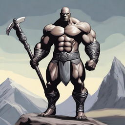 A detailed and imposing image of a slimmer Goliath, a mythical giant warrior, standing tall with a lean and less muscular build, bald head, and a clean-shaven face