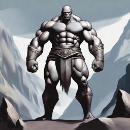 A detailed and imposing image of a slimmer Goliath, a mythical giant warrior, standing tall with a lean and less muscular build, bald head, and a clean-shaven face