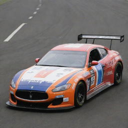 A Maserati car fashioned in the NASCAR style, highlighted by brilliant colors, racing enhancements, and adorned with a medley of sponsor logos.