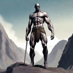 A detailed and imposing image of a skinny Goliath, a mythical giant warrior, standing tall with a lean and slender build, bald head, and clean-shaven face