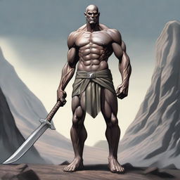 A detailed and imposing image of a skinny Goliath, a mythical giant warrior, standing tall with a lean and slender build, bald head, and clean-shaven face