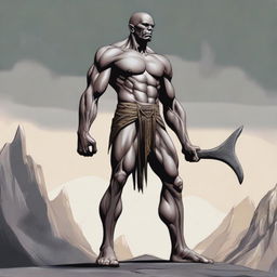 A detailed and imposing image of a skinny Goliath, a mythical giant warrior, standing tall with a lean and slender build, bald head, and clean-shaven face