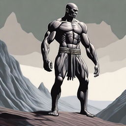 A detailed and imposing image of a skinny Goliath, a mythical giant warrior, standing tall with a lean and slender build, bald head, and clean-shaven face