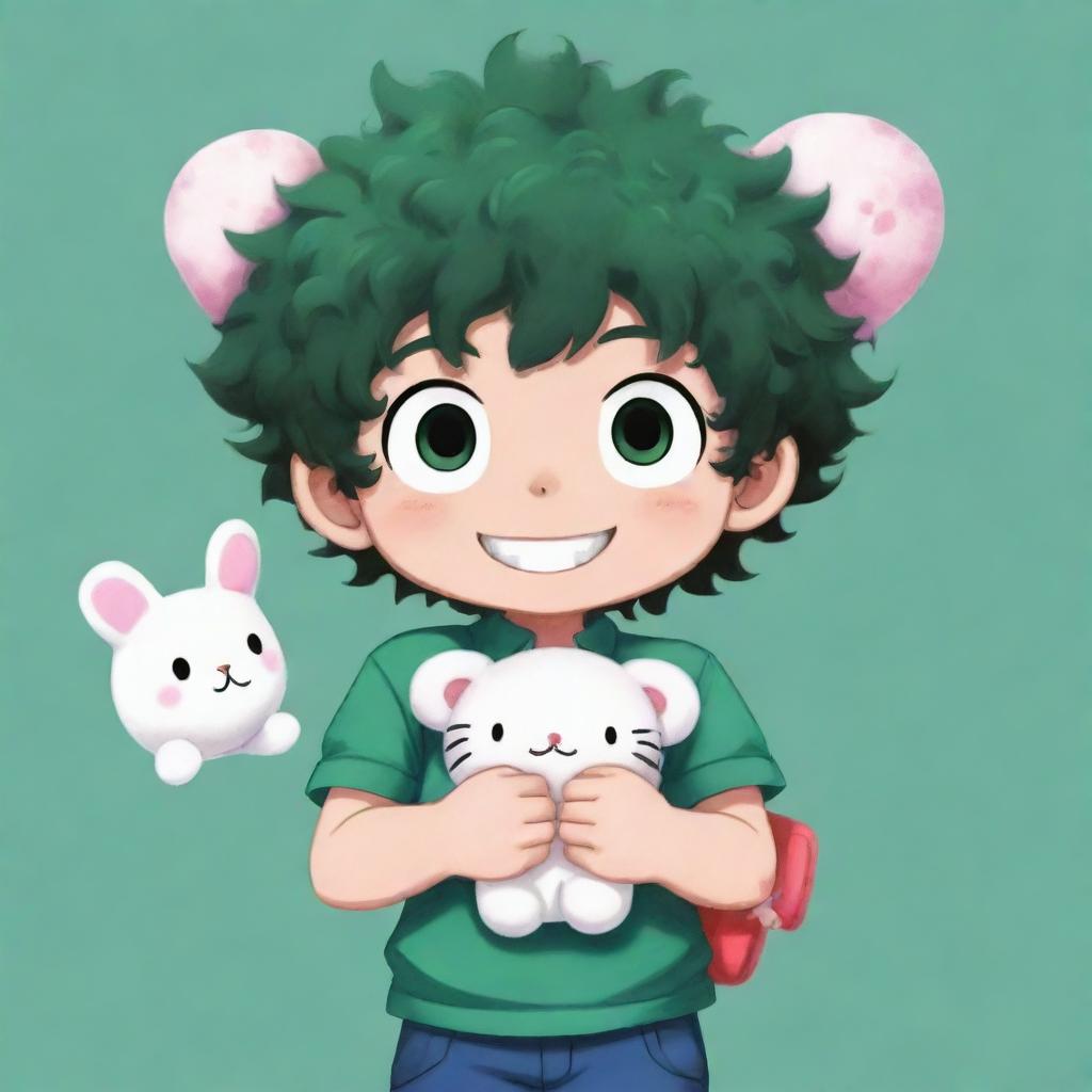 A cute and detailed illustration of the My Hero Academia character, Deku, gleefully holding a plushy of Hello Kitty.