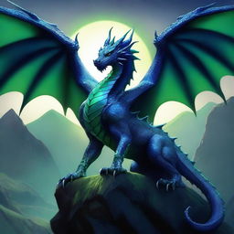 A very dark blue dragon with scales and green eyes gazing at a rider