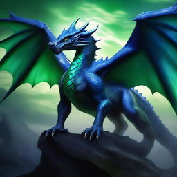 A very dark blue dragon with scales and green eyes gazing at a rider