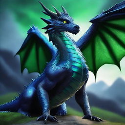 A very dark blue dragon with scales and green eyes gazing at a rider