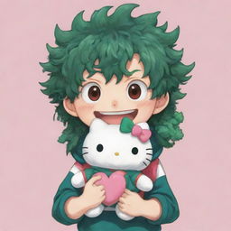 A cute and detailed illustration of the My Hero Academia character, Deku, gleefully holding a plushy of Hello Kitty.