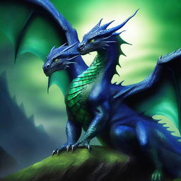 A very dark blue dragon with scales and green eyes gazing at a rider