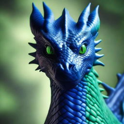 A very dark blue dragon with realistic scales and green eyes, looking very close at the screen