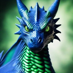 A very dark blue dragon with realistic scales and green eyes, looking very close at the screen