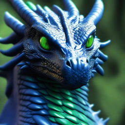 A very dark blue dragon with realistic scales and green eyes, looking very close at the screen