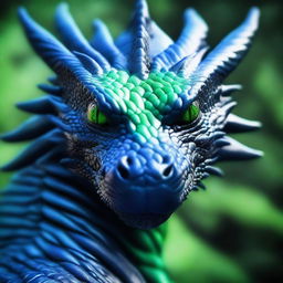 A very dark blue dragon with realistic scales and green eyes, looking very close at the screen