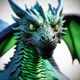 A realistic black dragon with scales and green eyes, looking very closely at the screen