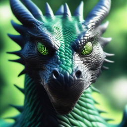 A realistic black dragon with scales and green eyes, looking very closely at the screen