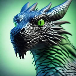 A realistic black dragon with scales and green eyes, looking very closely at the screen