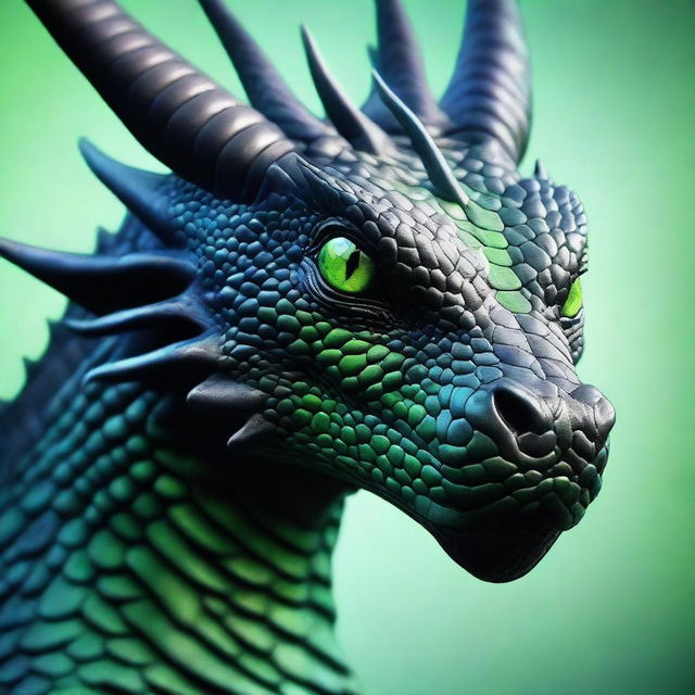 A realistic black dragon with scales and green eyes, looking very closely at the screen