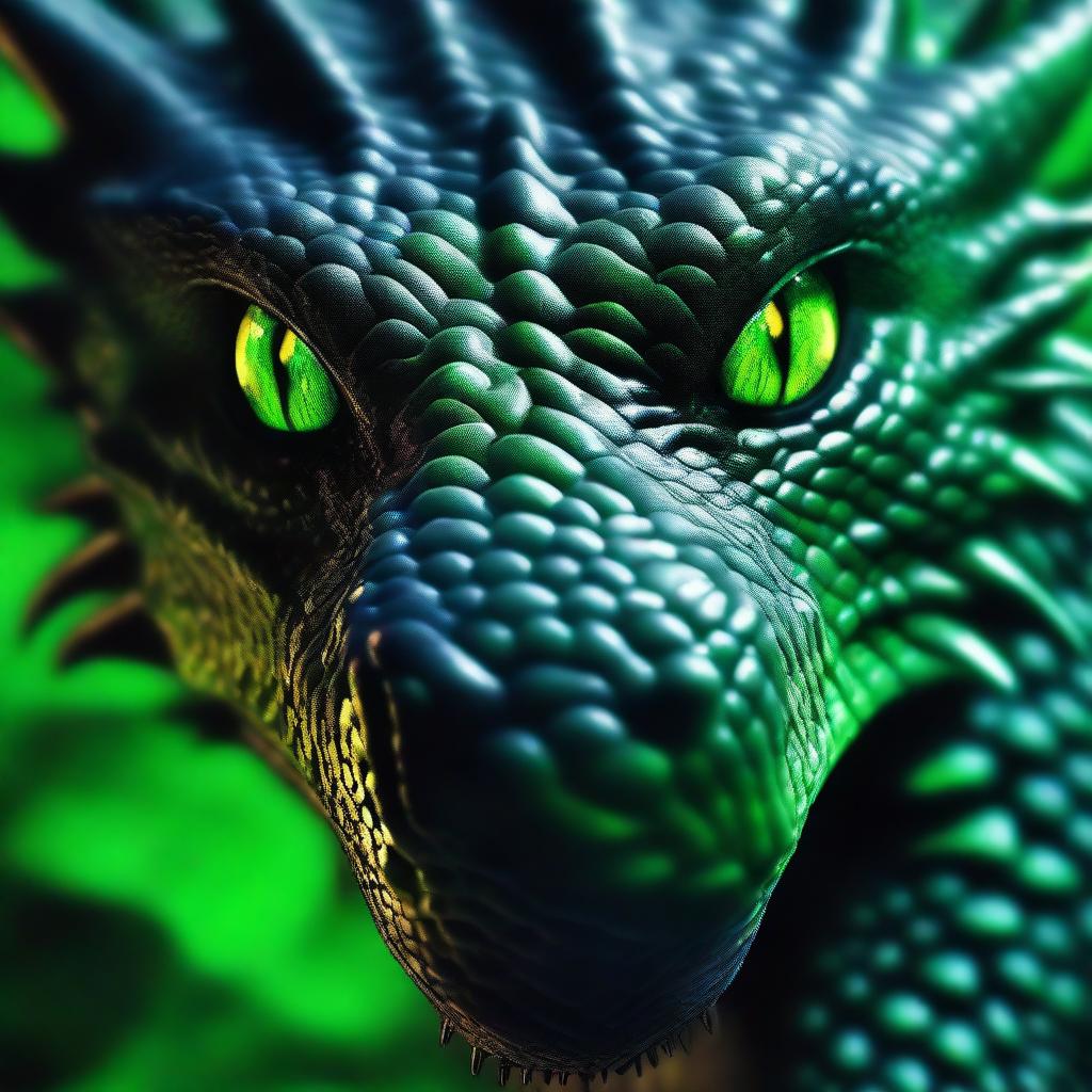 A close-up view of a black dragon with green eyes, filling the screen