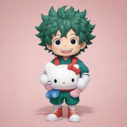 A cute and detailed illustration of the My Hero Academia character, Deku, gleefully holding a plushy of Hello Kitty.