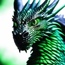 A close-up view of a black dragon with green eyes, filling the screen