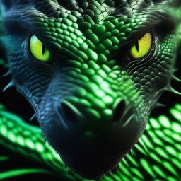 A close-up view of a black dragon with green eyes, filling the screen